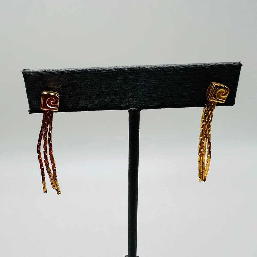 Gold Tone‎ Spiral Square Post Earrings with Multi Chain Tassel Dangle Drops